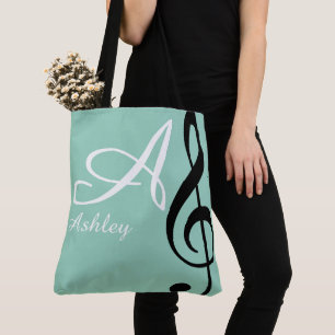 Tote Bag Nom, initiale et noire clé triée musique turquoise