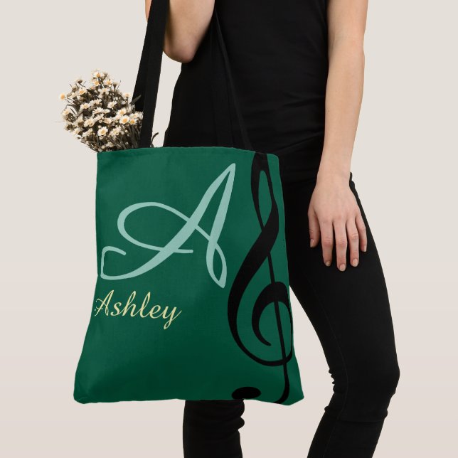 Tote Bag Nom, initiale et noire serrure de clé verte (De près)