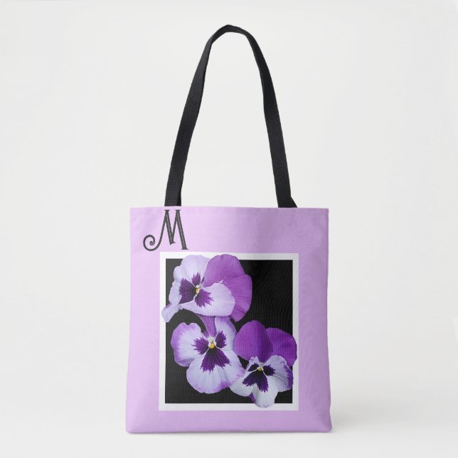 Tote Bag Nom M personnalisable monogramme violet fleuri boh (Devant)