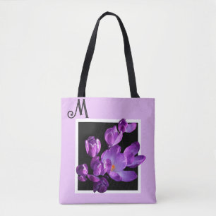 Tote Bag Nom M personnalisable monogramme violet fleuri boh