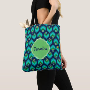 Tote Bag Nom moderne de motif de plume de paon