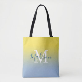 Tote Bag Nom moderne Monogramme Jaune à bleu clair Gradient