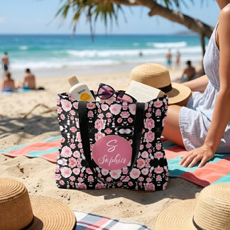 Tote Bag Nom monogrammé floral aquarelle rose élégant