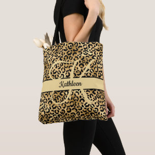 Tote Bag Nom Monogramme Imprimé Léopard Noir Or Demoiselle 