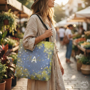 Tote Bag Nom Monogramme Paillettes Brillantes Faux Or Bleu