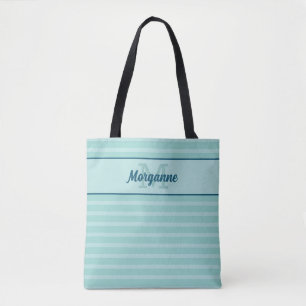 Tote Bag Nom monogramme personnalisé motif à bandes turquoi