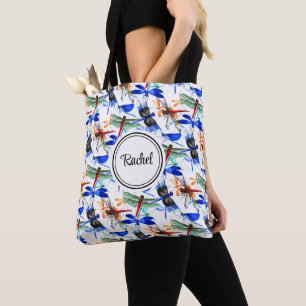 Tote Bag Nom, Motif joli de libellule à l'aquarelle 16 pouc