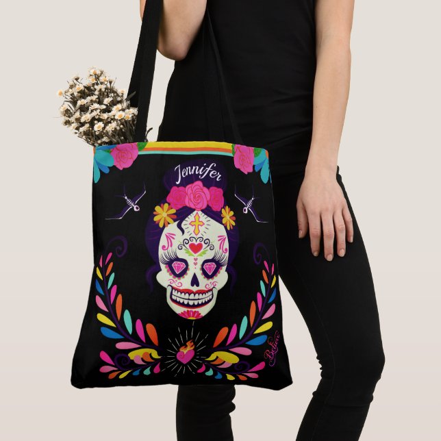 Tote Bag Nom personnalisé Crâne de sucre Jour de l'Hallowee (De près)