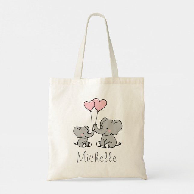 Tote Bag Nom personnalisé Cute Elephant Maman & Baby Pink (Dos)