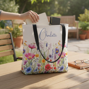 Tote Bag Nom personnalisé de fleur sauvage colorée