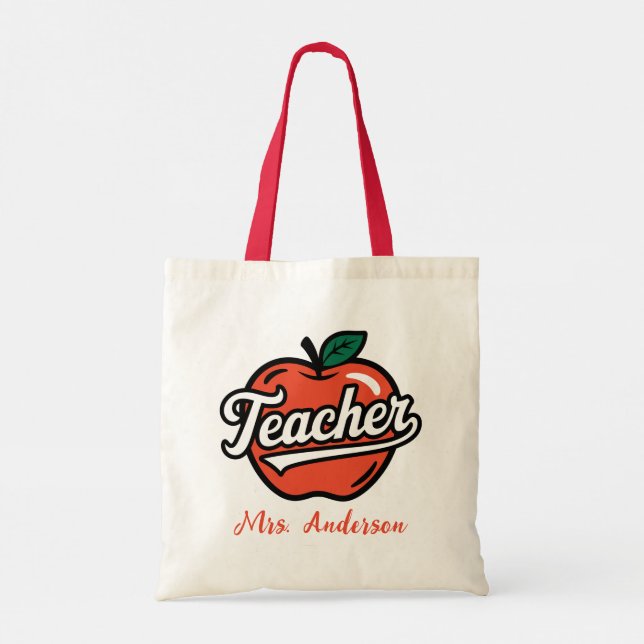 Tote Bag Nom personnalisé Enseignant Rouge Pomme (Dos)