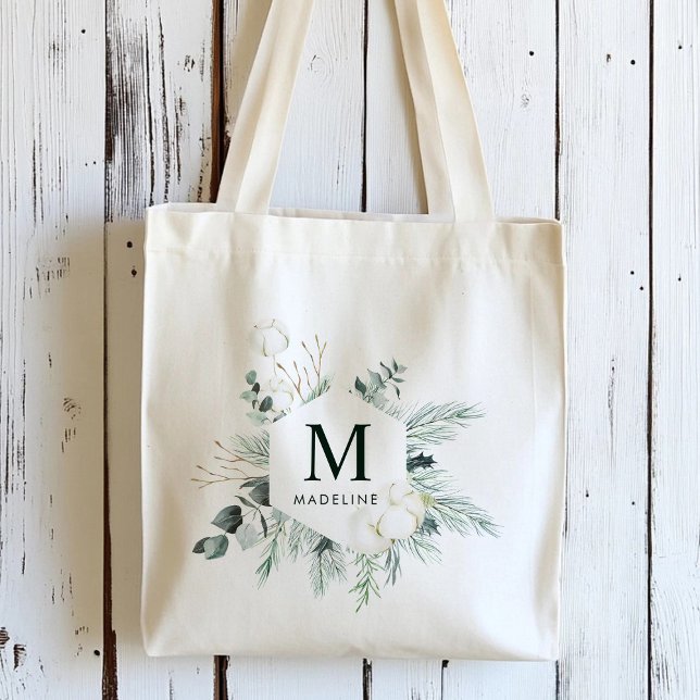 Tote Bag Nom personnalisé Evergreen & Cotton Flowers (Créateur téléchargé)