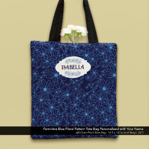 Tote Bag Nom personnalisé féminin motif floral bleu