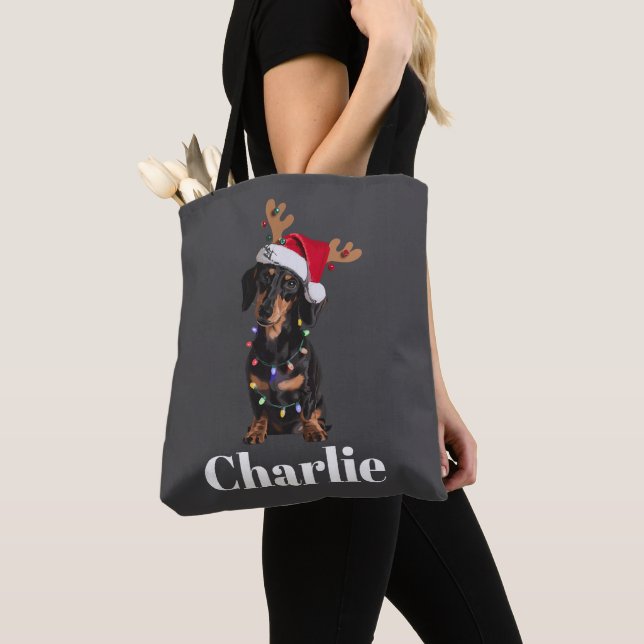 Tote Bag Nom personnalisé Feux de Chien de Noël Dachshund (De près)