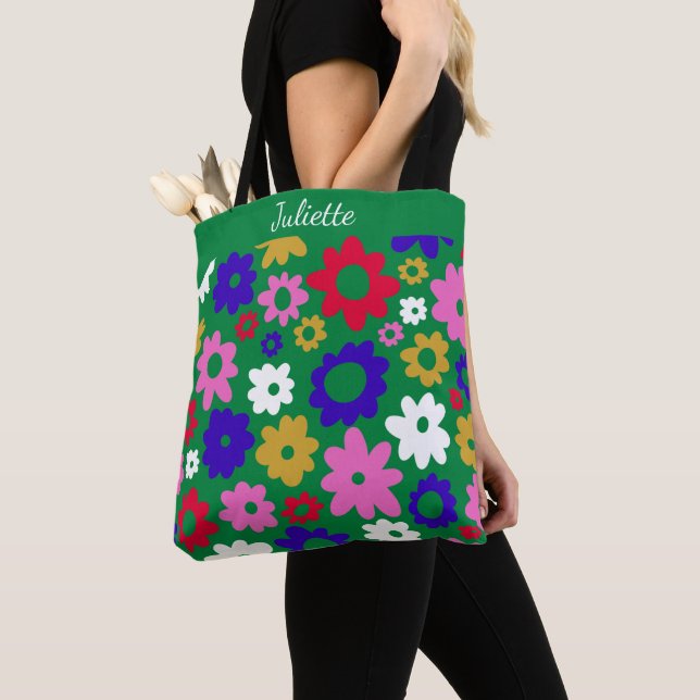 Tote Bag Nom personnalisé Fleurs vertes rétros Vibrant (De près)