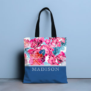 Tote Bag Nom personnalisé floral aquarelle rose bleu