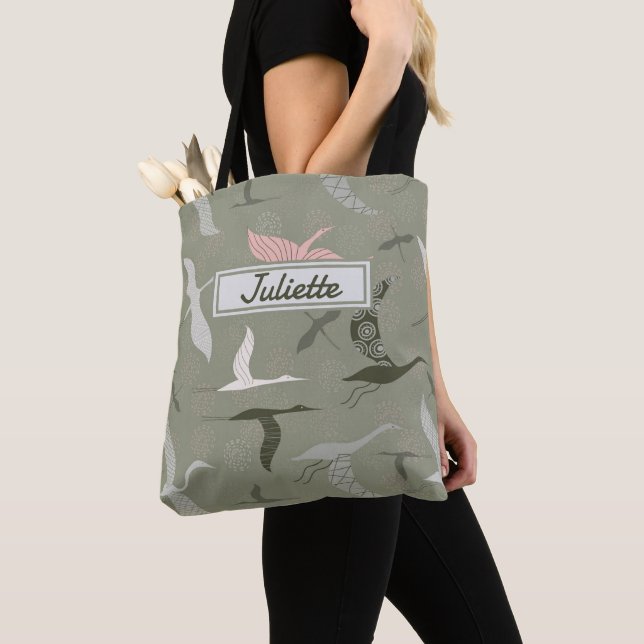 Tote Bag Nom personnalisé grues volantes sur sauge vert (De près)