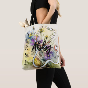 Tote Bag Nom personnalisé Infirmière Floral Stethoscope Boh