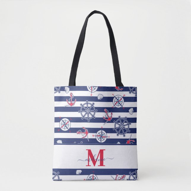 Tote Bag Nom personnalisé Marine bleu et blanc (Devant)