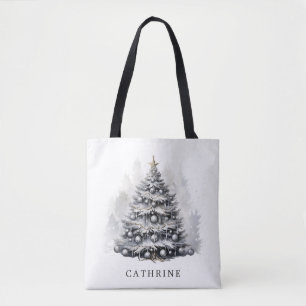 Tote Bag Nom personnalisé moderne Arbre de Noël noir et bla