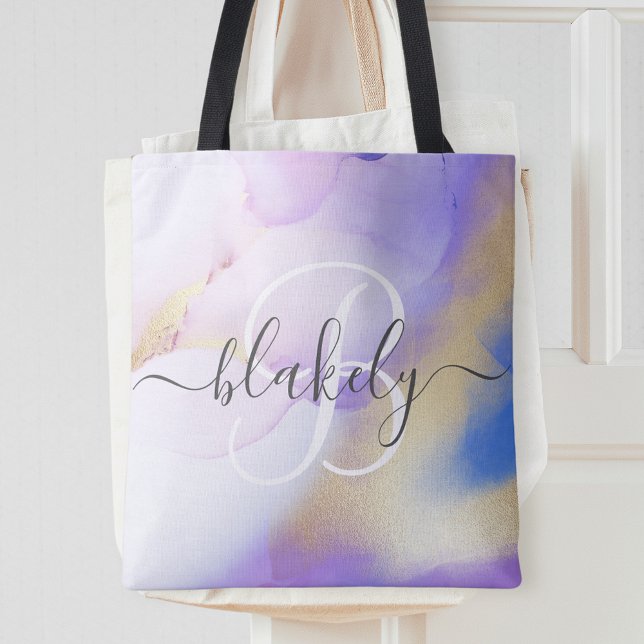 Tote Bag Nom personnalisé Monogramme Aquarelle violette (Créateur téléchargé)