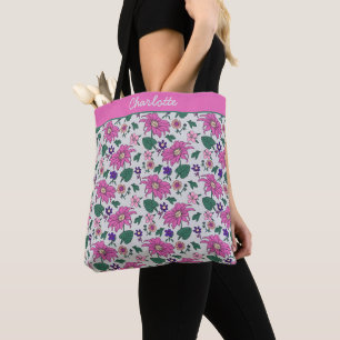 Tote Bag Nom personnalisé motif floral rose transparent