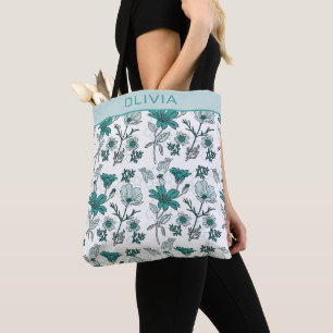 Tote Bag Nom personnalisé motif floral vert transparent