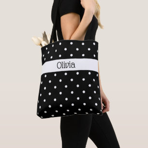 Tote Bag Nom personnalisé Motif noir blanc Polka Point