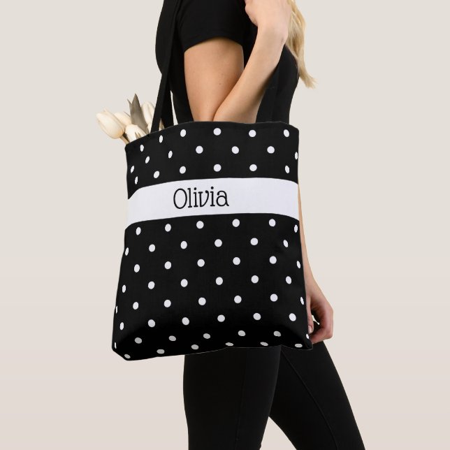 Tote Bag Nom personnalisé Motif noir blanc Polka Point (De près)