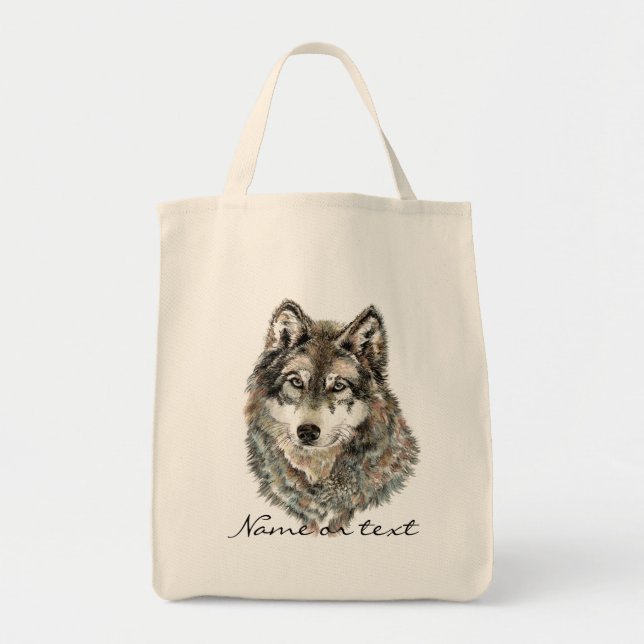 Tote Bag Nom personnalisé ou texte Loup aquarelle animal (Devant)