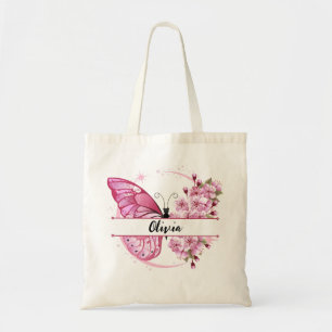 Tote Bag Nom personnalisé Papillon rose et design floral -