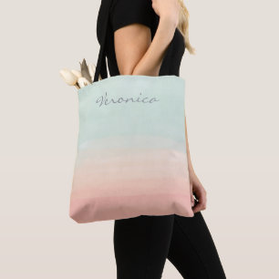 Tote Bag Nom personnalisé Pastel Mint Peach Aquarelle