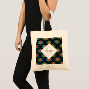 Tote Bag Nom personnalisé Rainbow Floral Fountain Mid Mod O