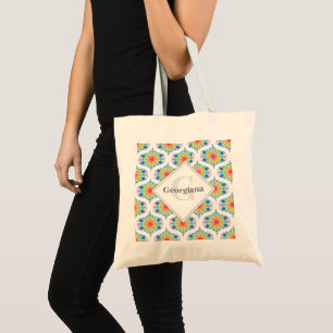 Tote Bag Nom personnalisé Rainbow Floral Mandala Retro Ogee