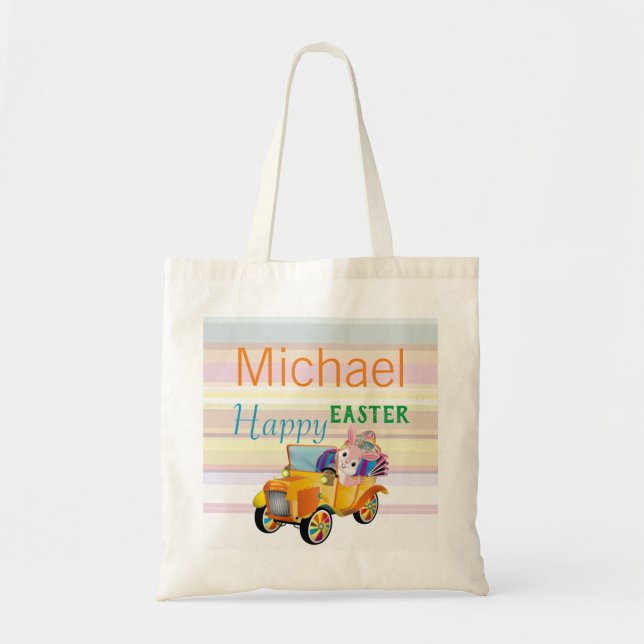 Tote Bag Nom personnalisé Texte Lapin de Pâques Voiture (Devant)