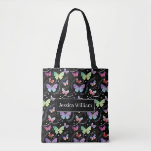 Tote Bag Nom personnel Élégant Papillons violets brillants
