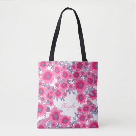 Tote Bag Nom rose et blanc pavot fleurs florales