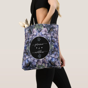 Tote Bag Noms de Couple Floral Noir Classique Mariage