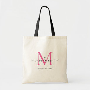 Tote Bag Noms de script initial monogramme noir rose chaud 
