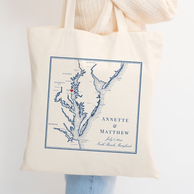 Tote Bag North Beach Maryland Élégant Mariage de la Marine  (Personalized North Beach Maryland Wedding Favor Tote Bag in elegant navy blue by Coastal Map Designs)