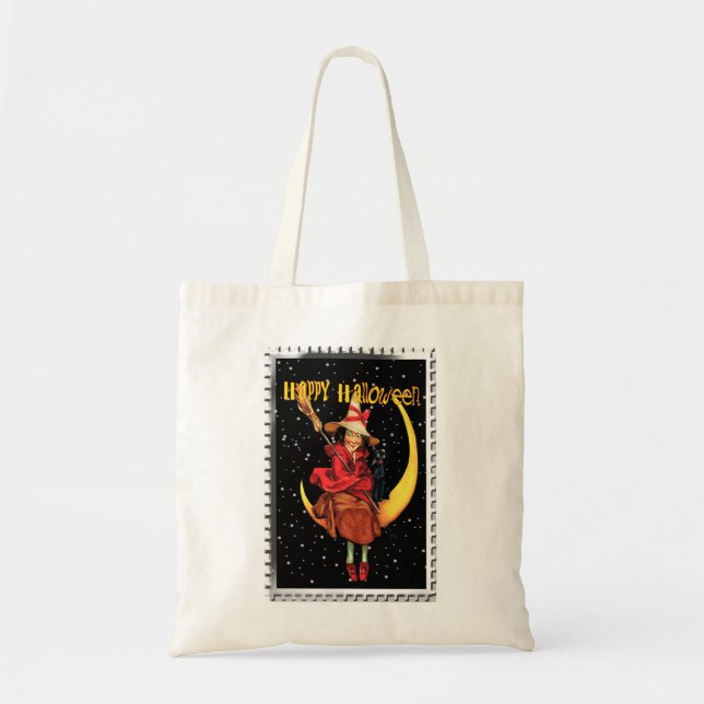 Tote Bag Nostalgale Halloween Bonne sorcière et son chat (Devant)