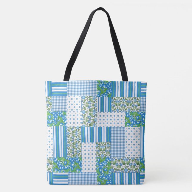Tote Bag Nostalgique Blue Morning Glory Faux Patchwork (Devant)