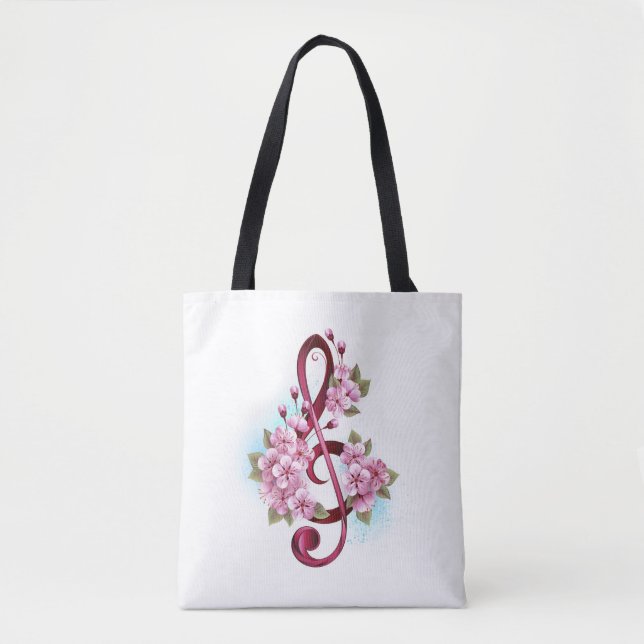 Tote Bag Notes de clef musicale en treble avec des fleurs S (Devant)