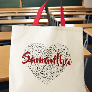 Tote Bag Notes musicales Coeur avec/ Red Script Nom Feuille