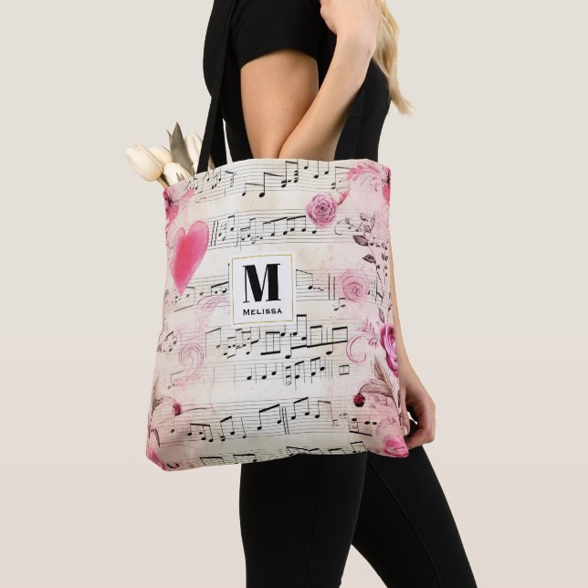 Tote Bag Notes musicales et Rose Vintage Design Monogramme (De près)