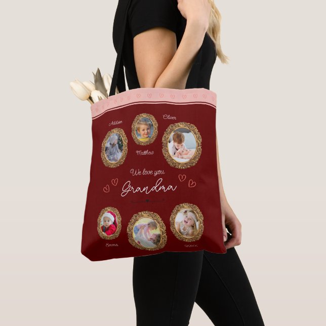 Tote Bag Nous t'aimons Grand-mère Six Photo avec Texte Coeu (De près)