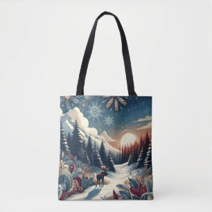 Tote Bag Nuit de neige Moose Forest Mountains Boho Motif