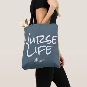Tote Bag Nurse Life Blue White Script Médicale Monogramme