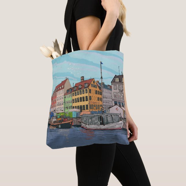Tote Bag Nyhavn Copenhagen Danemark Illustration lunaire (De près)
