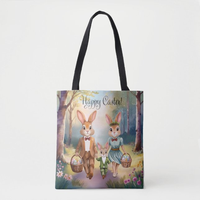 Tote Bag Oeufs de chasse de la famille de lapin de Pâques - (Devant)